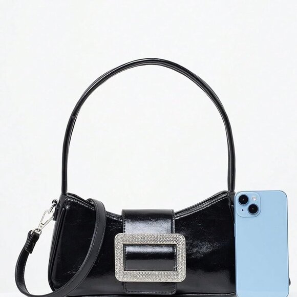 Versatile Black Rhinestone Buckle Shoulder Handbag - Essential Accessory - Picture 4 of 5